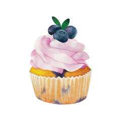 Watercolor illustration of a blueberry cupcake with purple cream frosting and blueberries on top. Great for bakery themes, menu designs, and dessert packaging.