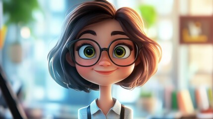 Student, A cartoon girl with glasses is smiling and looking at the camera