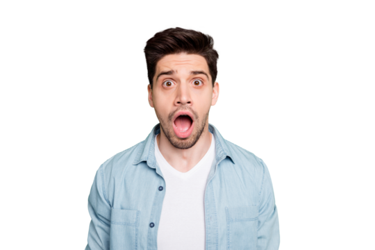 Portrait of crazy mad frightened guy screaming with terror seeing sales ceased wearing white t-shirt isolated over green vivid color background