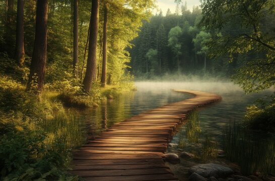 Quiet forest boardwalk opening up to a glassy lake with visible riverbed stones