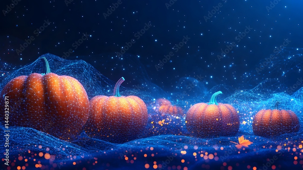 Poster stylized halloween scene with interconnected pumpkins under a starry night. digital networks form th
