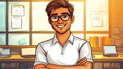 Student, A man with glasses is smiling in front of a desk with a computer and a book