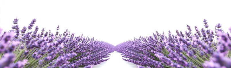 Naklejka premium Serene lavender fields stretch to a vanishing point against a bright white background