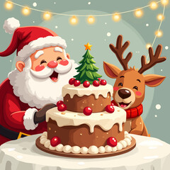 Santa and Reindeer with Christmas Cake Cartoon