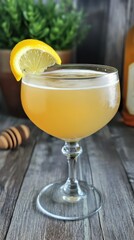 Fototapeta premium Refreshing lemon honey cocktail served in coupe glass with lemon slice and wood table background 
