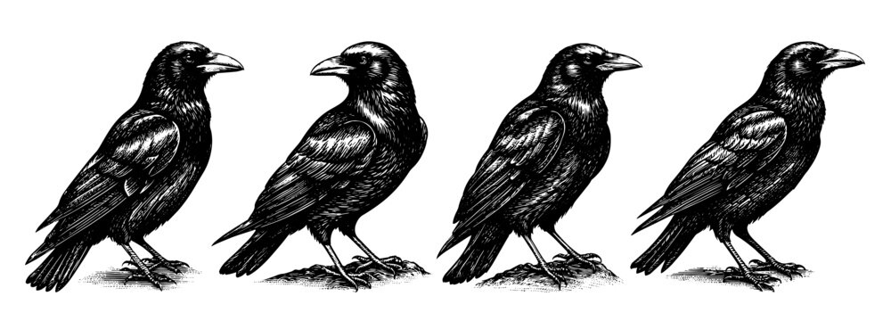 crows set woodcut vintage style, black and white illustration