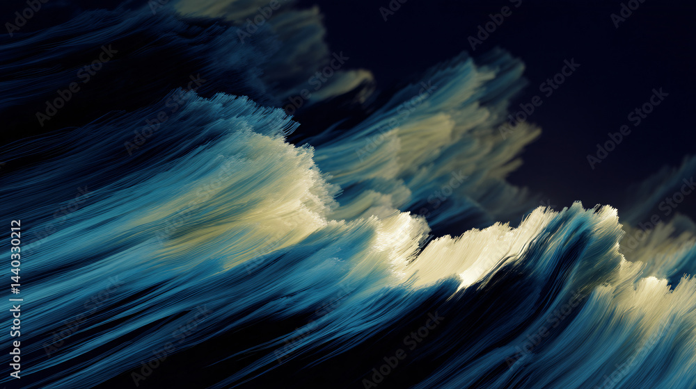 Poster digital 3d artwork of dynamic waves in abstract design, offering creative inspiration from a top-dow