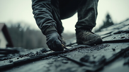 Roof Repair: Worker Using Tool on Damaged Roof