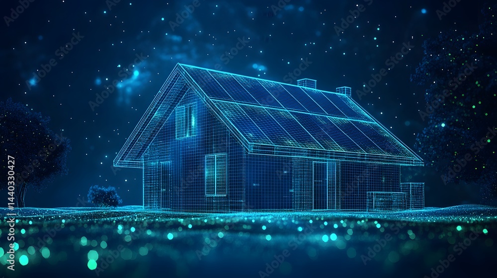 Poster futuristic house design depicted with a blue grid. solar panels on the roof and glowing circles enha