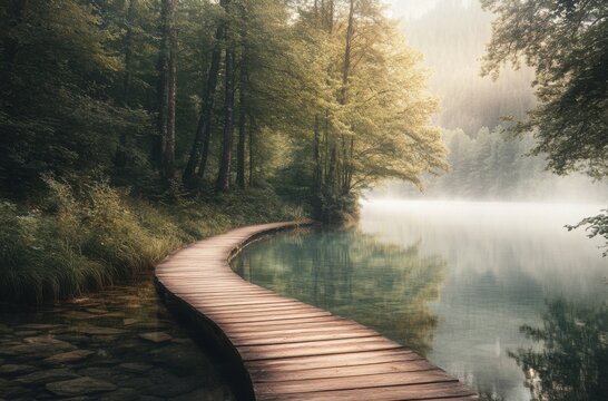 Quiet forest boardwalk opening up to a glassy lake with visible riverbed stones