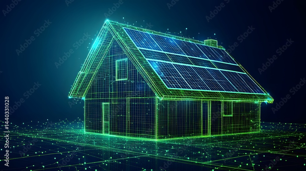 Poster futuristic house with solar panels depicted in a green wireframe grid on a dark backdrop. a network-