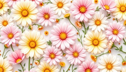 Fototapeta premium A seamless layout of watercolor daisies in soft pastel shades of pink, yellow, and white, with delicate green leaves and stems, evoking the feeling of a warm spring day.