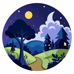 Download Natural Scenery And  Night Silhouette Vector Illustration White Background Svg File For Design.