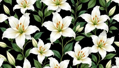 Obraz premium The white lilies with delicate green leaves in this seamless watercolor pattern create a serene and elegant visual display, perfect for adding a touch of nature inspired beauty to any design project.