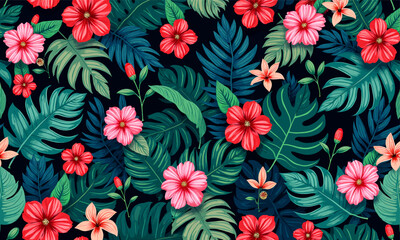 Vibrant Tropical Foliage with Red and Pink Hibiscus Flowers