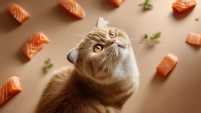 Adorable scottish fold cat gazing at floating salmon on pastel background cat photography with cute kitten vibes