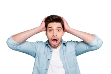Photo of crazy horrified fearful man holding his head after having known the worst news in the world with bristle isolated over green vivid color background