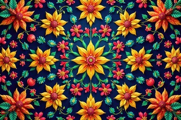 Intricate floral pattern, vibrant colors, repeating design, bloom, colorful, orange