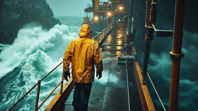 Person in Yellow Raincoat Standing on Ship with Rough Sea Background