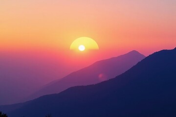 Fototapeta premium Subtle gradient sunrise blends into hazy mountain silhouette, peaceful, pastel, cloud