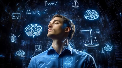 A businessman wearing a blue shirt engaging with virtual icons of legal concepts, balance scales, and a brain on a digital interface against a dark background