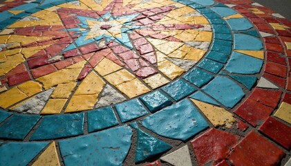 Intricate tile mosaic floor, geometric design, vintage, antique