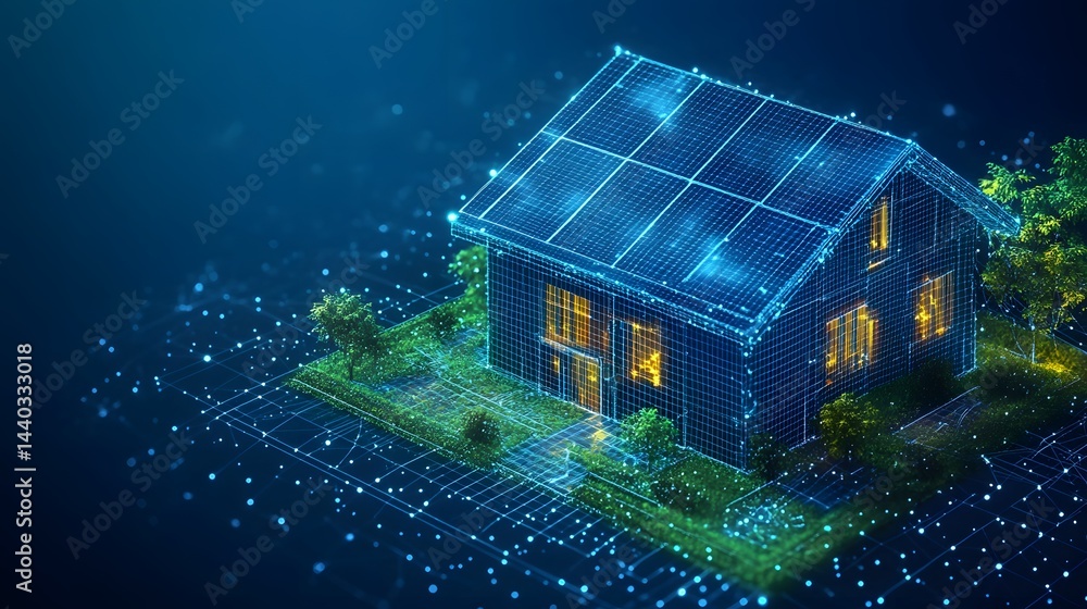 Aufkleber futuristic house design with solar panels. a modern dwelling depicted in a digital, wireframe style 