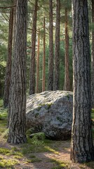Fototapeta premium Towering Pine Tree Trunks With Mossy Boulder in a Forest Landscape