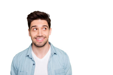 Photo of amazing macho guy looking wondered side to empty space silly facial expression wear casual denim shirt isolated over green color background