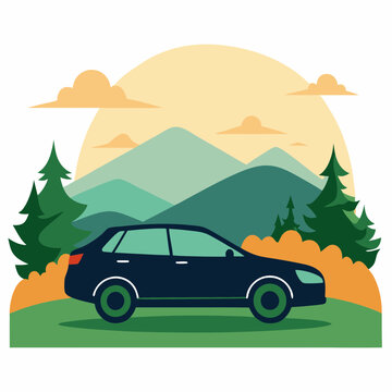 black car driving mountains sunset scene clip art preview
