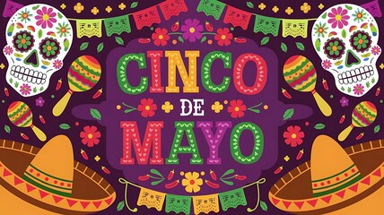 cinco de mayo festive celebration banner skulls maracas sombreros dark background decor