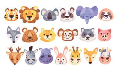 Cute animals avatars cartoon characters set with heads and faces of forest, zoo, farm habitants