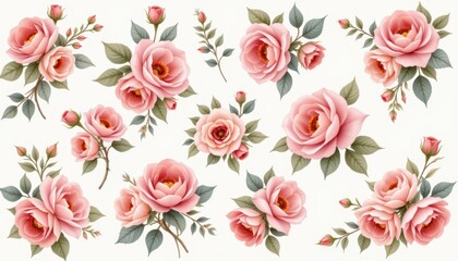 A beautiful collection of delicate rose clusters depicted in a soft, muted watercolor palette, evoking a sense of nostalgia and vintage charm.