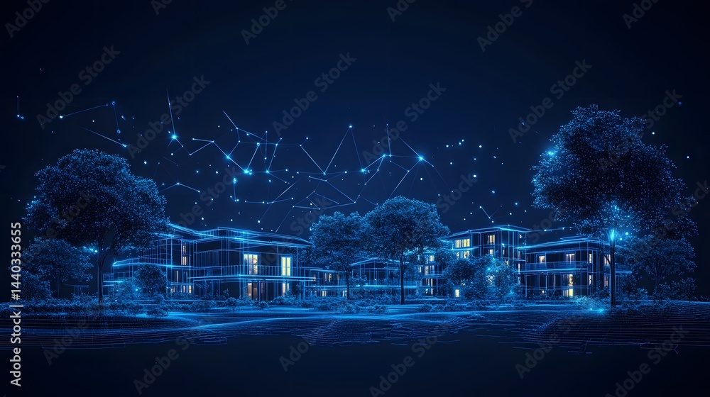 Poster a digitally rendered cityscape of modern wireframe buildings and stylized trees under a constellatio