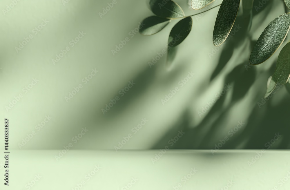 Poster minimalist green background with leafy plant branches casting soft shadows on a smooth surface.