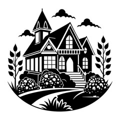 Fototapeta premium Download A Beautiful Home And Scenery Silhouette Vector Illustration White Background Svg File For Design.