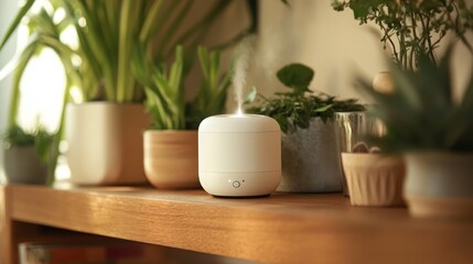 Modern aroma diffuser surrounded by houseplants on a light wooden shelf.