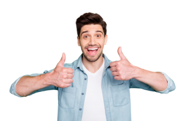 Photo of amazing business guy raising thumbs up approving good job quality results wear casual denim shirt isolated over green color background