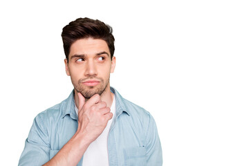 Photo of amazing business guy looking wondered side to empty space have doubts about startup...