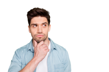 Photo of amazing business guy looking wondered side to empty space have doubts about startup decision wear casual denim shirt isolated over green color background