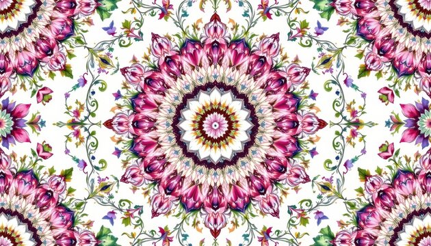 The watercolor floral mandala seamless layout features intricate geometric patterns intertwined with vibrant, hand painted flowers in shades of pink, purple, and green