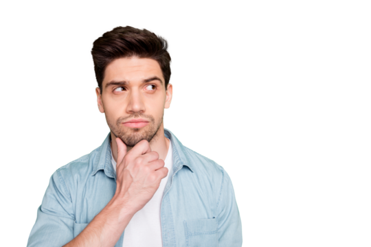 Photo of amazing business guy looking wondered side to empty space have doubts about startup decision wear casual denim shirt isolated over green color background - Powered by Adobe