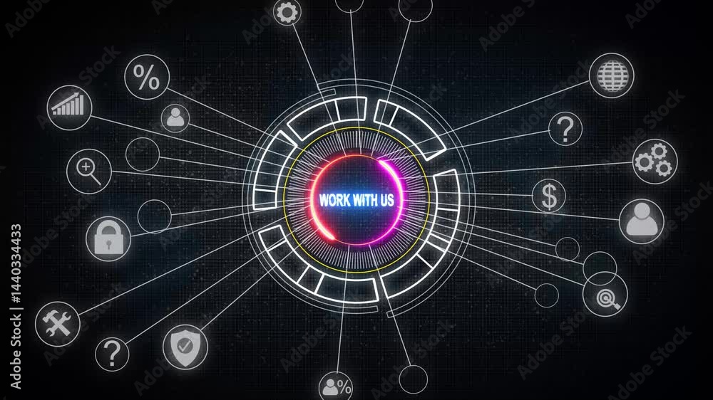 Poster glowing internet, business, technology and network concept. work with us grid and map background.