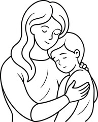 Minimal Vector Line Drawing of Mother Hugging Son, Suitable for elegant wall art or minimalist prints.