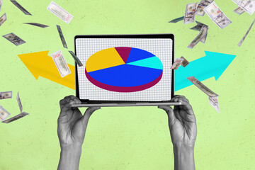 Composite trendy magazine photo collage of hands hold laptop arrow development arrow success...