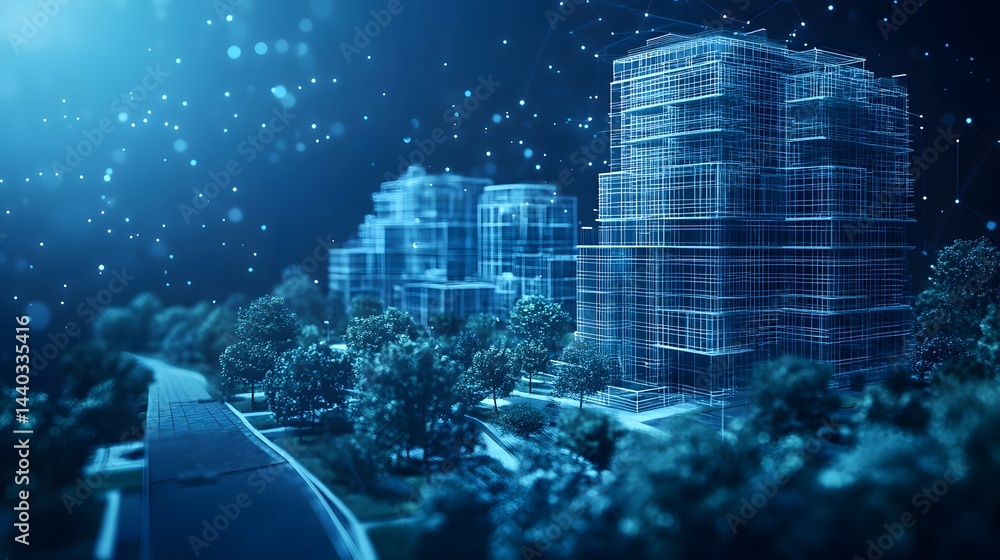 Aufkleber futuristic cityscape with wireframe buildings glowing blue, set against a dark blue backdrop with et