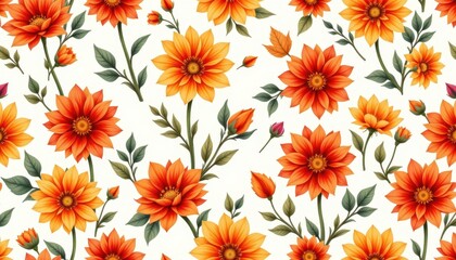 A beautiful seamless pattern depicting vibrant chrysanthemum flowers in various shades of orange, red, and yellow, painted in a delicate watercolor style, perfect for capturing the essence of autumn.