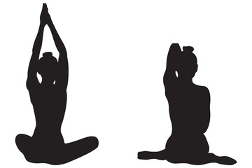 Collage of Black Silhouettes of Women Doing Yoga Exercises, Isolated on White Background