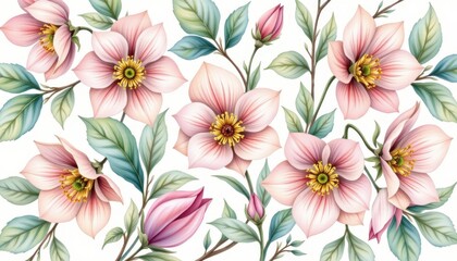 A delicate watercolor painting of winter hellebore blooms, capturing their intricate petals and soft hues in a subtle and elegant pattern.