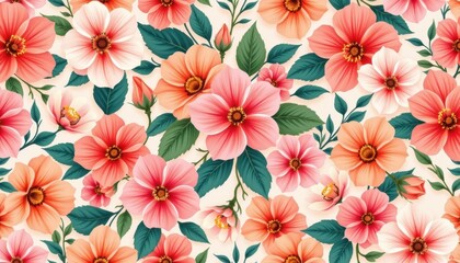 Obraz premium A vibrant and cheerful seamless wallpaper pattern featuring an array of peach and coral florals in full bloom, perfect for bringing a touch of summer freshness to any room or project.